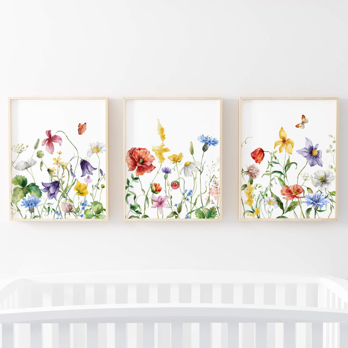 Set of 3 watercolor colorful wildflower print for spring neutral home decor.