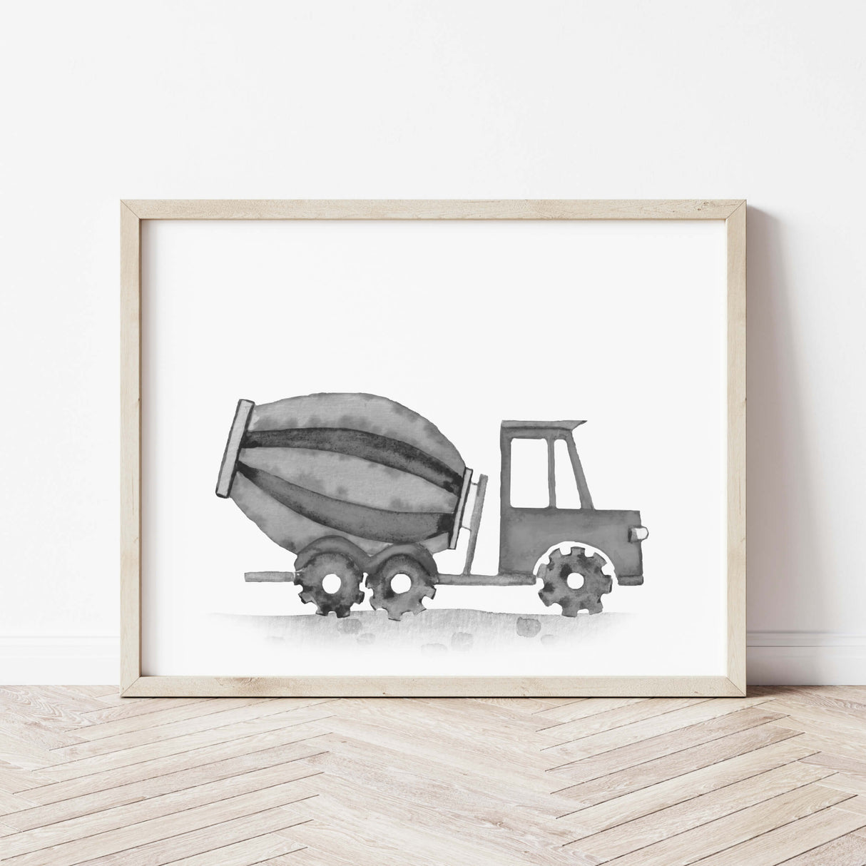 Set of 6 watercolor construction vehicle printable with cement mixer in black , gray colors for baby boys room decor, toddler room decor, nursery room decor.