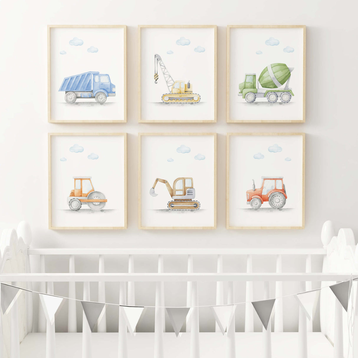 Watercolor construction vehicle poster for toddler and baby boys room decor.