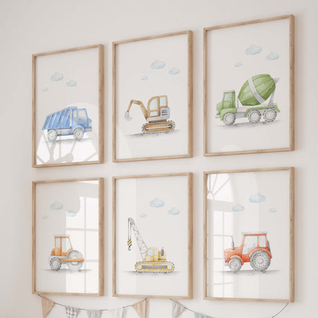 Watercolor construction vehicle print for toddler and baby boys room decor.