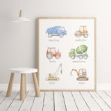 Watercolor construction vehicle print with education for toddler and baby boys room decor.