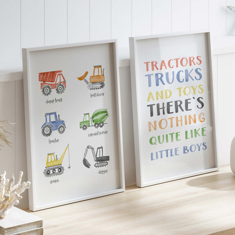 Watercolor colorful construction vehicle with quote print for toddler room decor, baby boys room decor, nursery room decor.