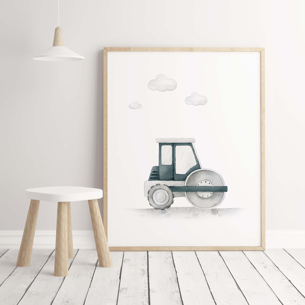 Watercolor construction vehicle printable with road roller in Sherwin Williams Riverway SW-6222 color for baby boys room decor, toddler room decor.