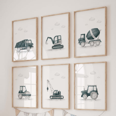 Watercolor construction vehicle printable in Sherwin Williams Riverway SW-6222 color for baby boys room decor, toddler room decor.