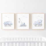 Light blue cement mixer, crane, dump truck print for toddler and baby boys room decor.