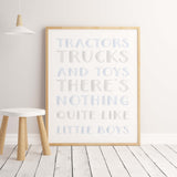 Light blue construction vehicle print for toddler and baby boys room decor.