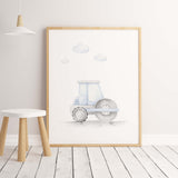 Light blue road roller print for toddler and baby boys room decor.