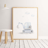 Light blue digger print for toddler and baby boys room decor.