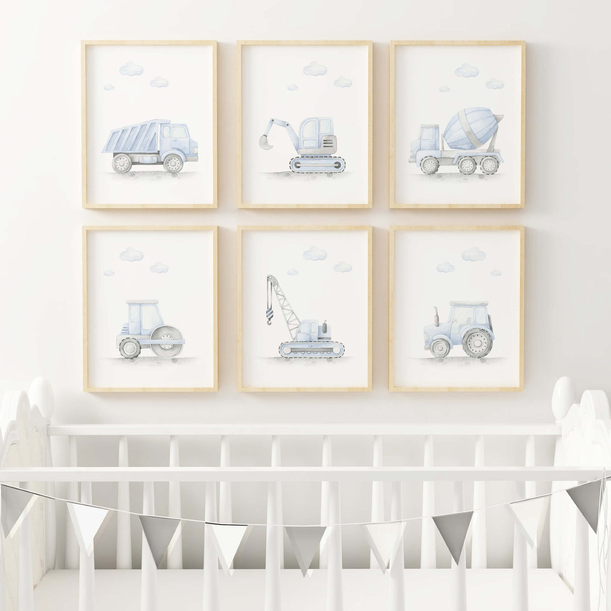 Watercolor jight blue construction vehicle print for toddler and baby boys room decor.