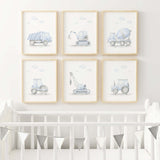 Watercolor jight blue construction vehicle print for toddler and baby boys room decor.