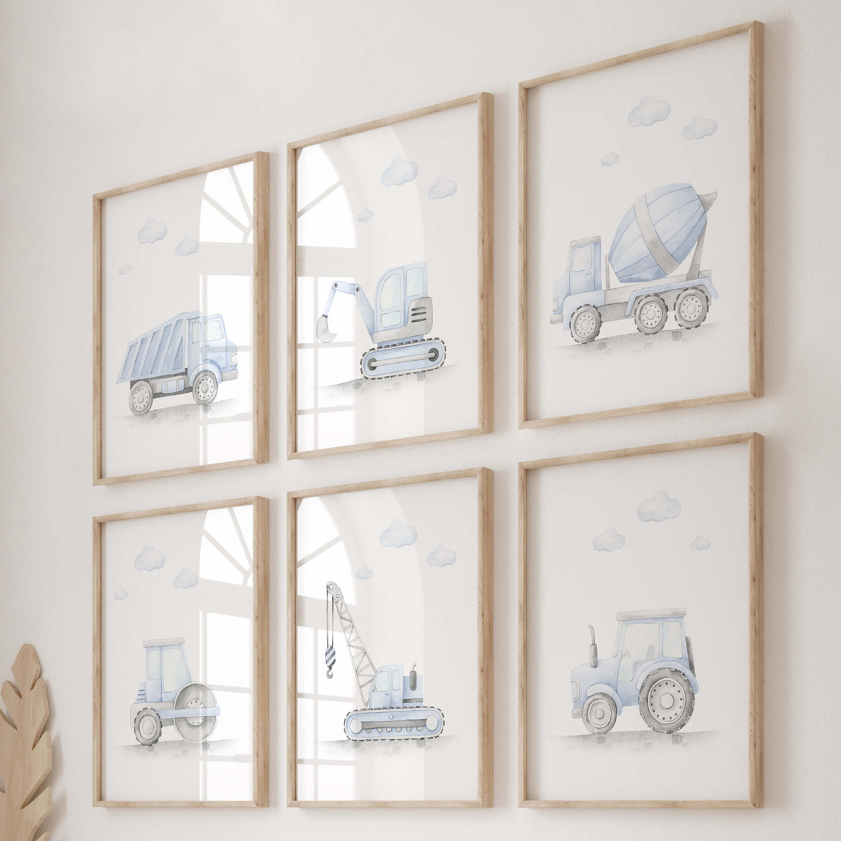 Light blue construction vehicle print for toddler and baby boys room decor.