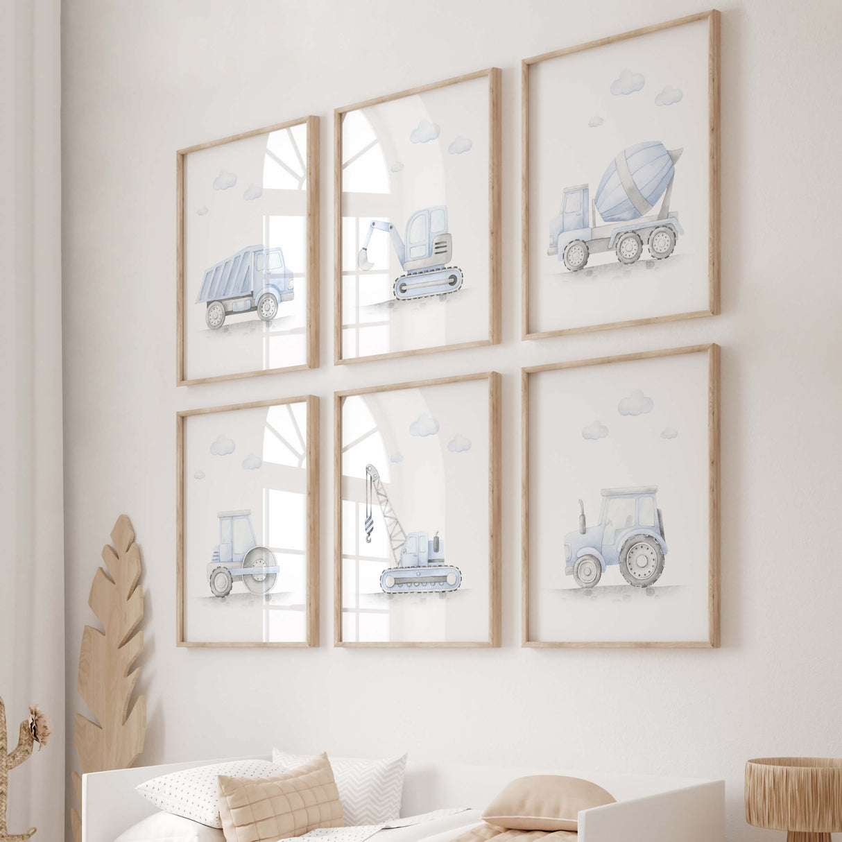 Set of 6 light blue construction vehicle print for toddler and baby boys room decor.