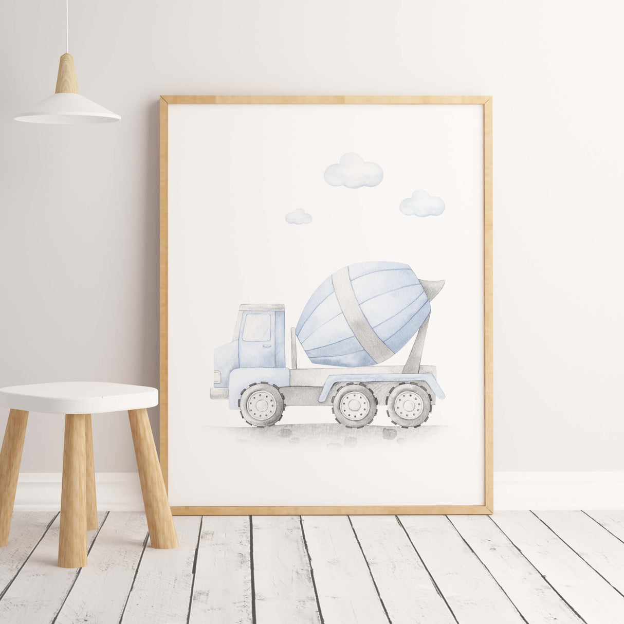 Light blue cement mixer print for toddler and baby boys room decor.