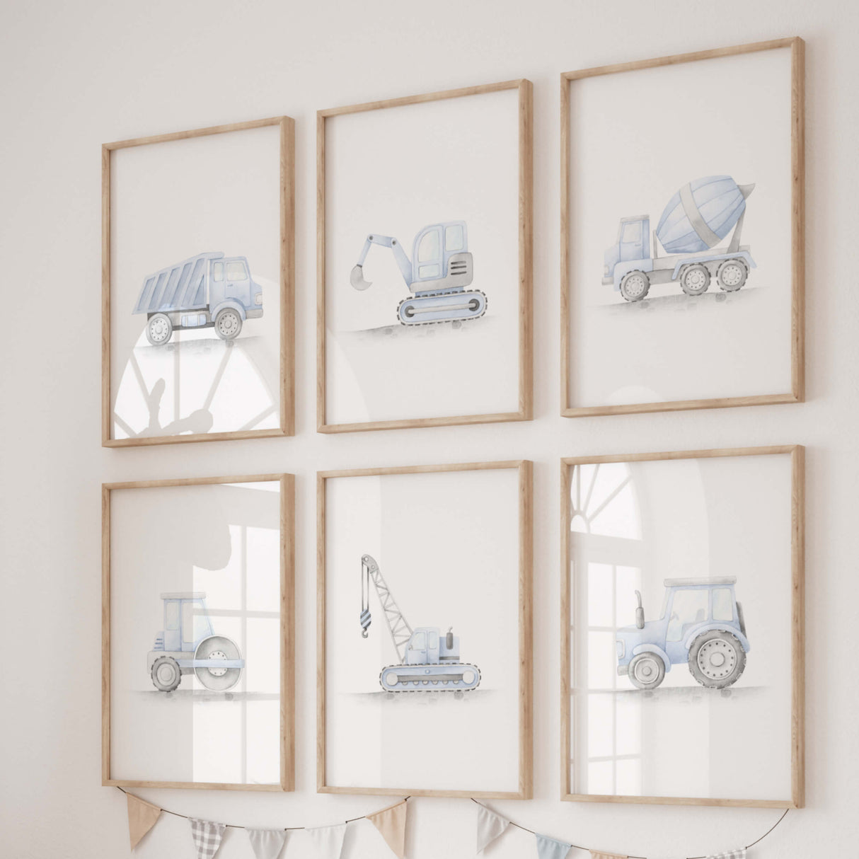 Watercolor blue construction vehicle print for toddler room decor, baby boys room decor.