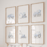 Watercolor blue construction vehicle print for toddler room decor, baby boys room decor.