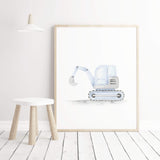 Watercolor blue construction vehicle print with digger for toddler room decor, baby boys room decor.