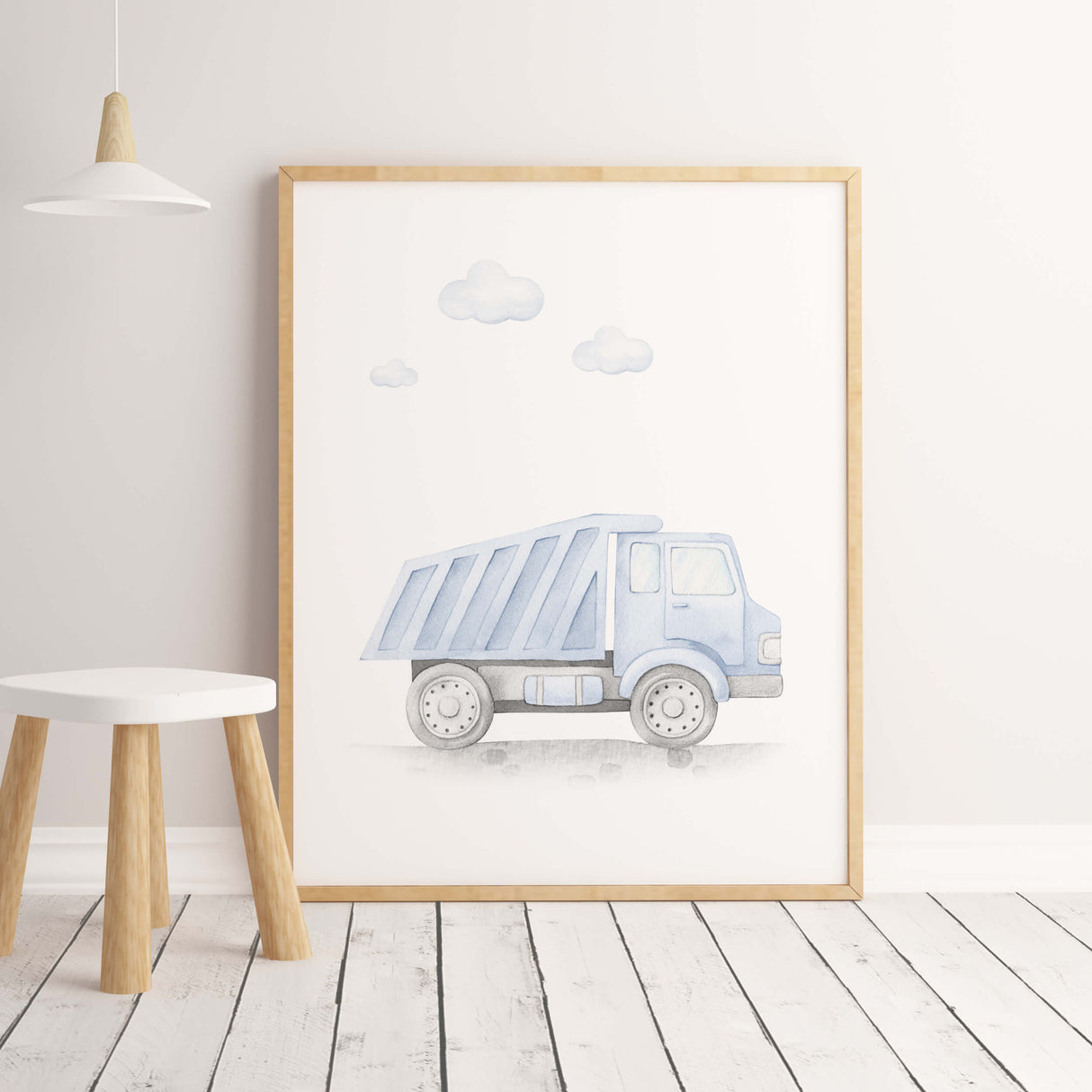 Light blue dump truck print for toddler and baby boys room decor.