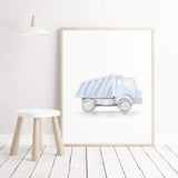 Watercolor blue construction vehicle print with dump truck for toddler room decor, baby boys room decor.