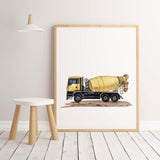 Watercolor yellow construction vehicle nursery poster with cement mixer for toddler room decor, baby boys room decor, kids room decor.