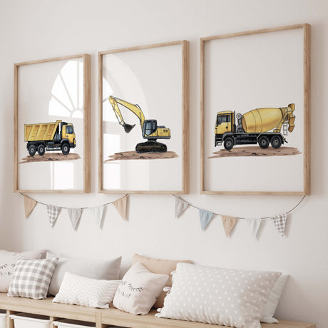 Watercolor yellow construction vehicle nursery print for toddler room decor, baby boys room decor, kids room decor.