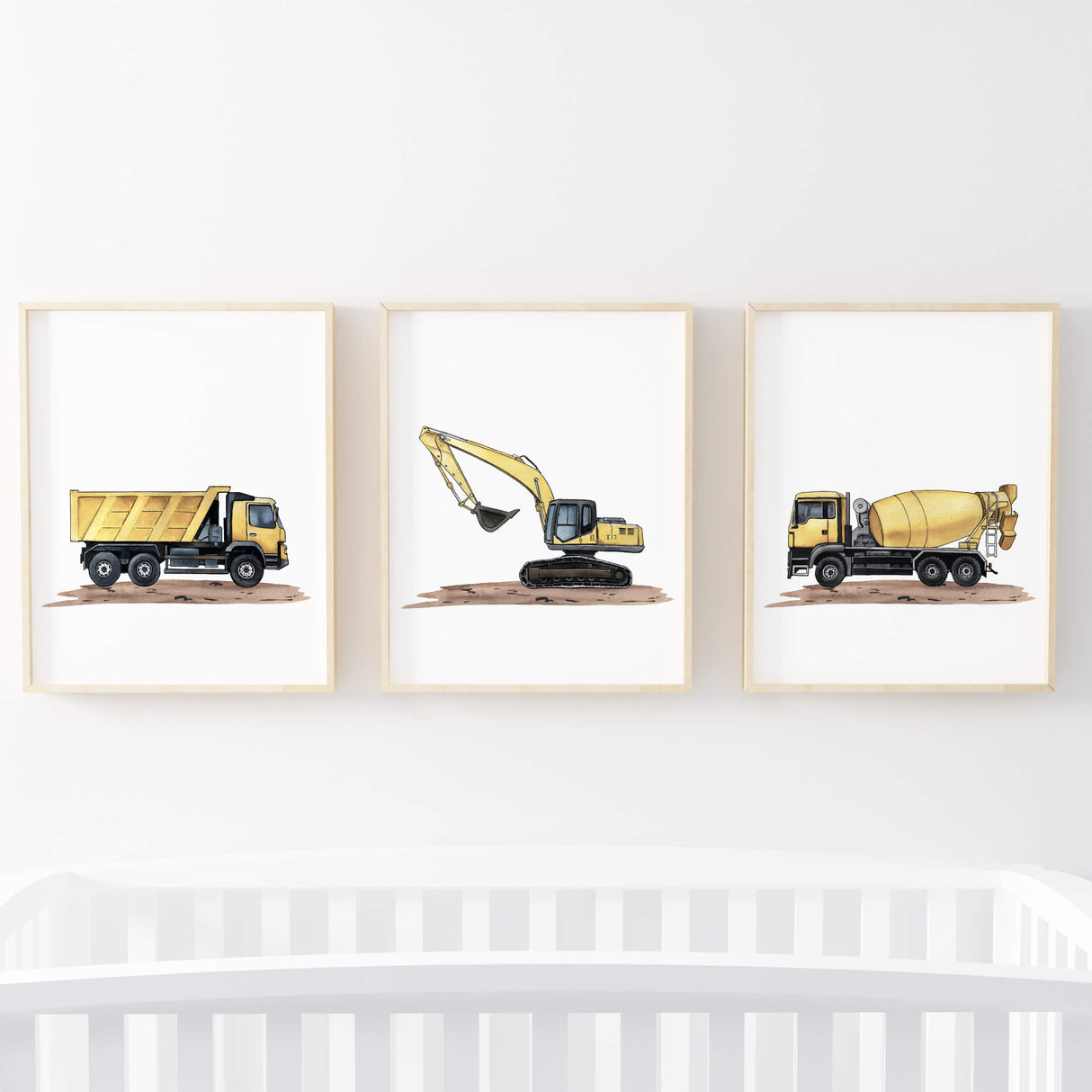 Construction Vehicle Nursery Prints - Yellow - Set of 3