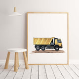 Watercolor yellow construction vehicle nursery poster with dump truck for toddler room decor, baby boys room decor, kids room decor.