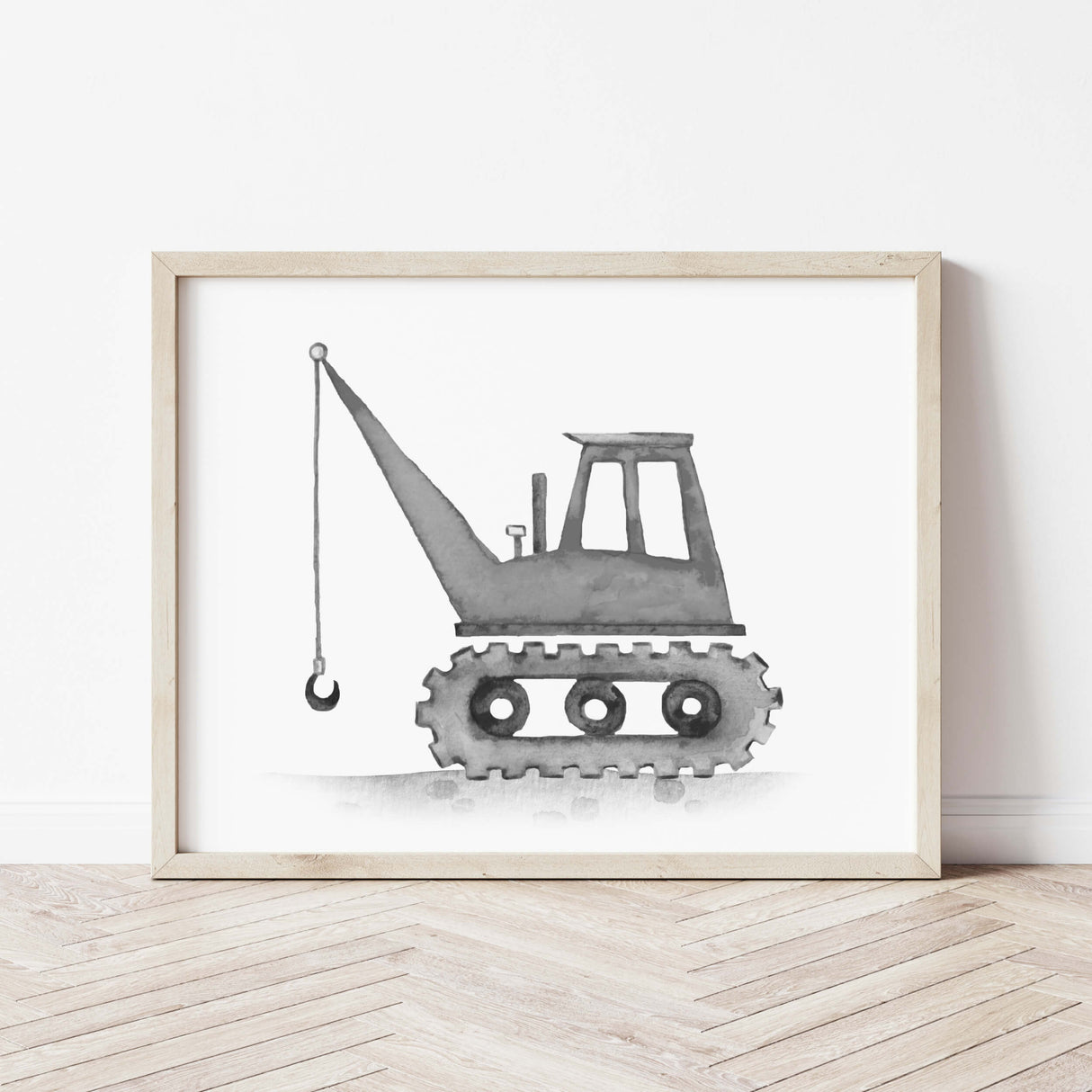 Set of 6 watercolor construction vehicle printable with crane in black , gray colors for baby boys room decor, toddler room decor, nursery room decor.