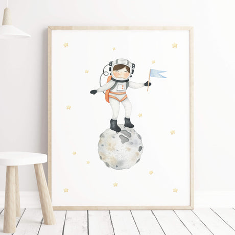 Watercolor space print with astronaut girl for girls nursery decor.