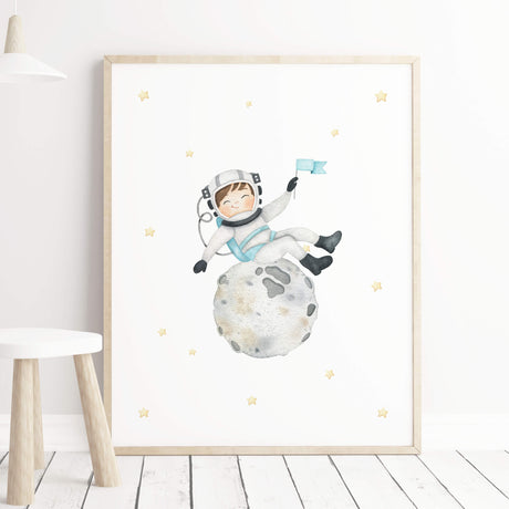 Watercolor space print with astronaut boy for boys nursery decor.