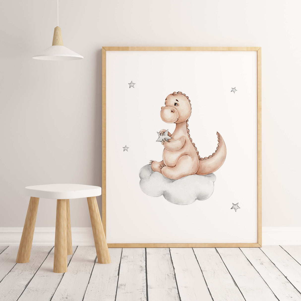 Watercolor dinosaur on the cloud print in brown, gray for toddler room decor, baby boys room decor.