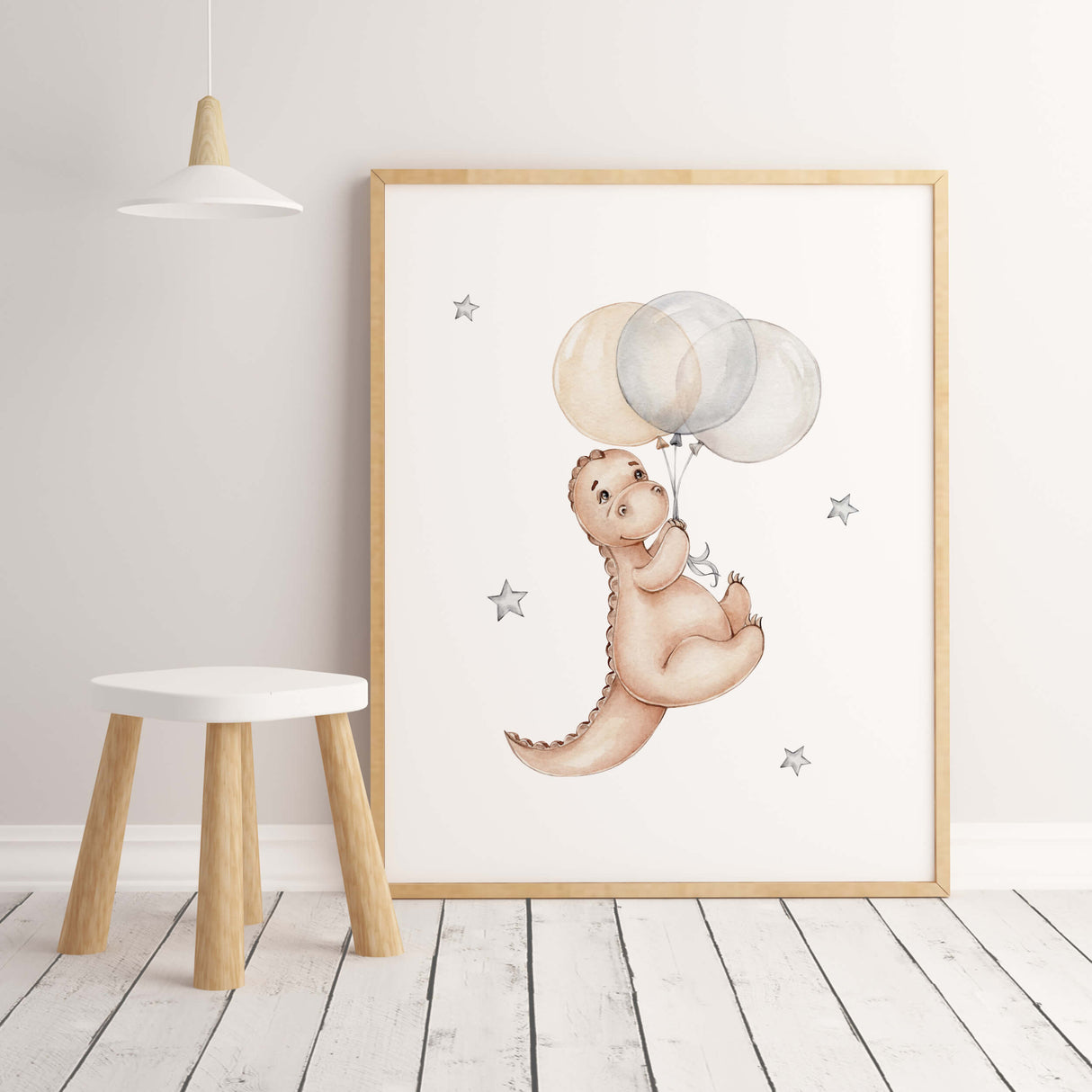 Watercolor dinosaur with balloon print in brown, gray for toddler room decor, baby boys room decor.