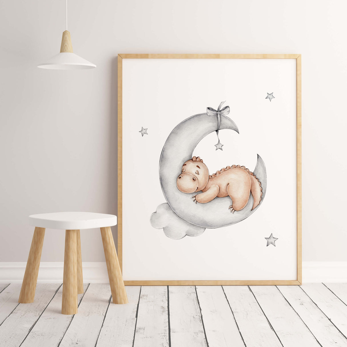 Watercolor dinosaur on the moon print in brown, gray for toddler room decor, baby boys room decor.