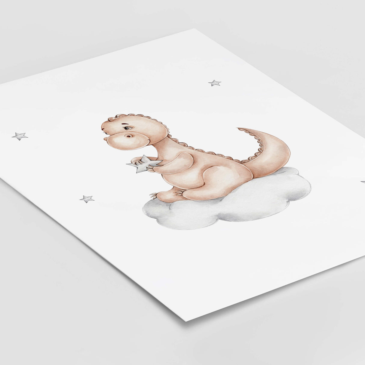 Watercolor dinosaur on the cloud print in brown, gray for toddler room decor, baby boys room decor.