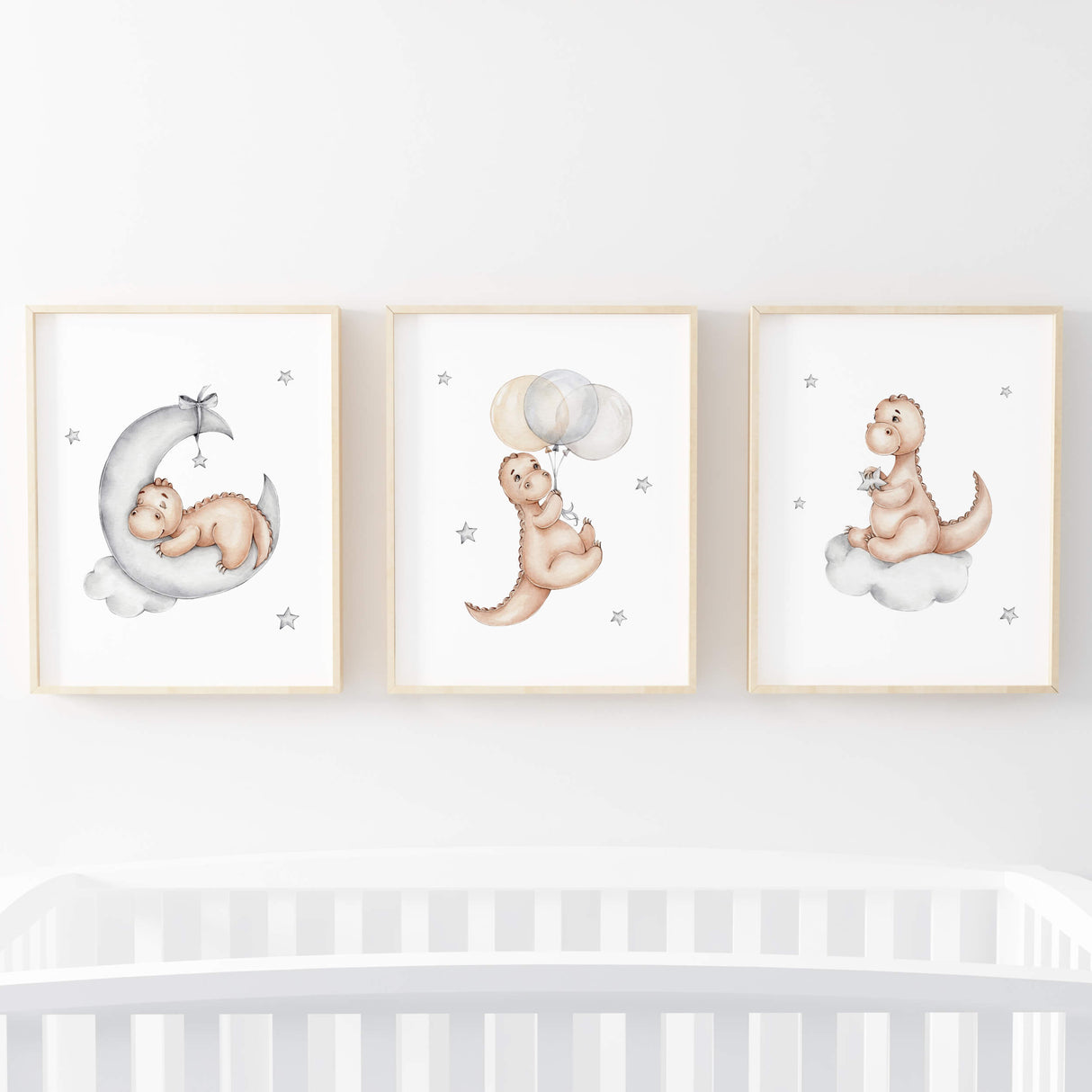 Set of 3 watercolor dinosaur print in brown, gray for toddler room decor, baby boys room decor.