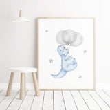 Watercolor dinosaur print with balloon in light blue, gray for toddler room decor, baby boys room decor