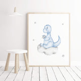 Watercolor dinosaur print on the cloud in light blue, gray for toddler room decor, baby boys room decor