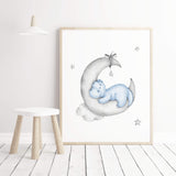 Watercolor dinosaur print on the moon in light blue, gray for toddler room decor, baby boys room decor