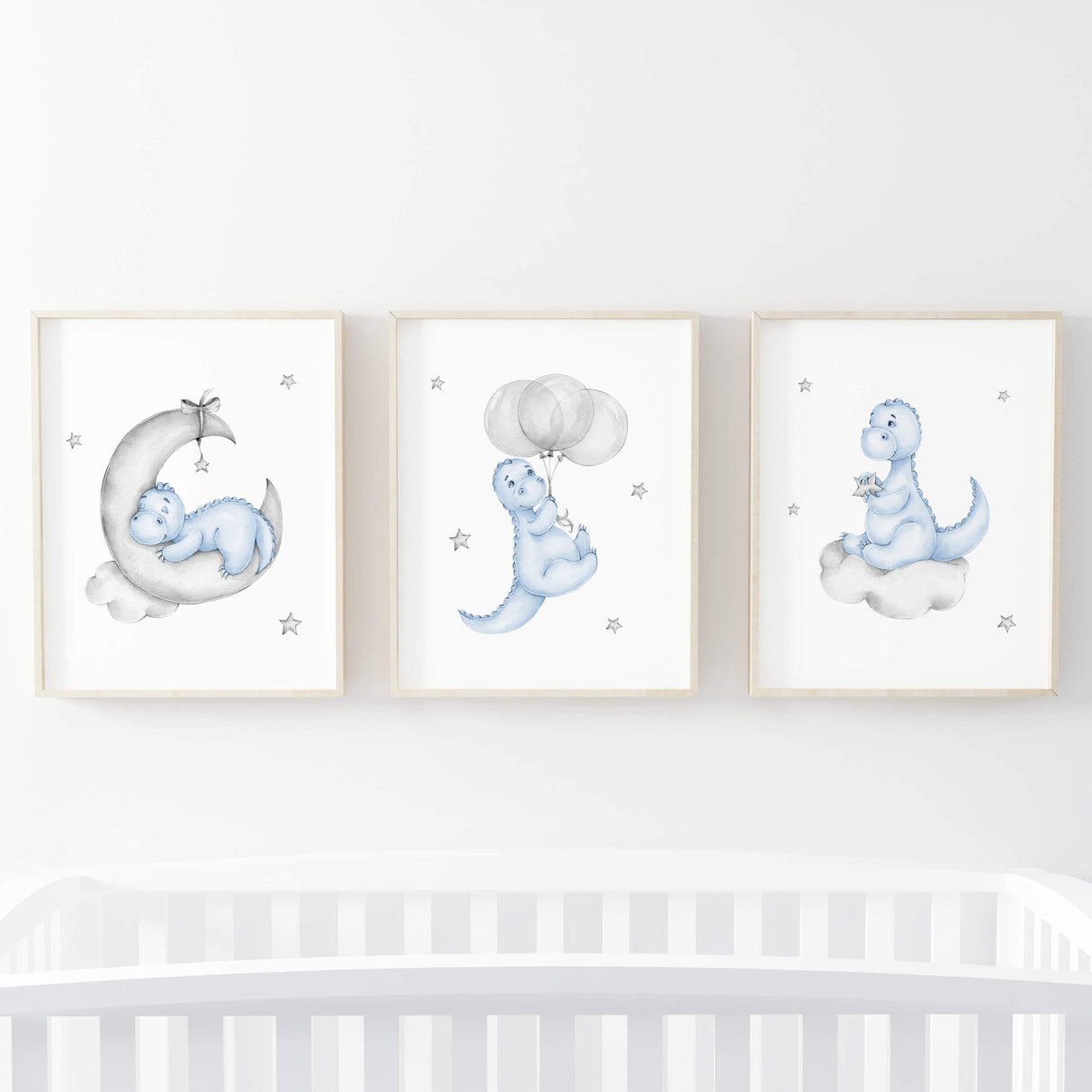 Watercolor dinosaur poster with balloon, moon, cloud in light blue, gray for toddler room decor, baby boys room decor