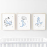 Watercolor dinosaur poster with balloon, moon, cloud in light blue, gray for toddler room decor, baby boys room decor