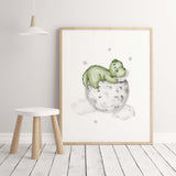 Watercolor dinosaur on the moon printable in green and gray colors for toddler room decor, baby boys room decor.