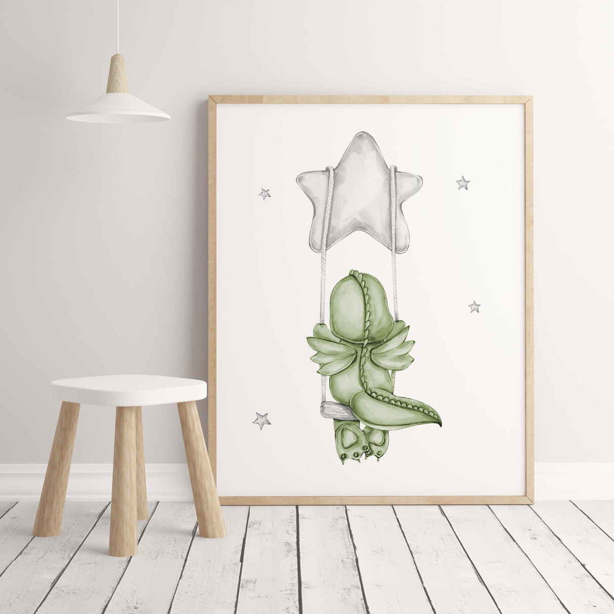 Watercolor dinosaur printable in green and gray colors for toddler room decor, baby boys room decor.