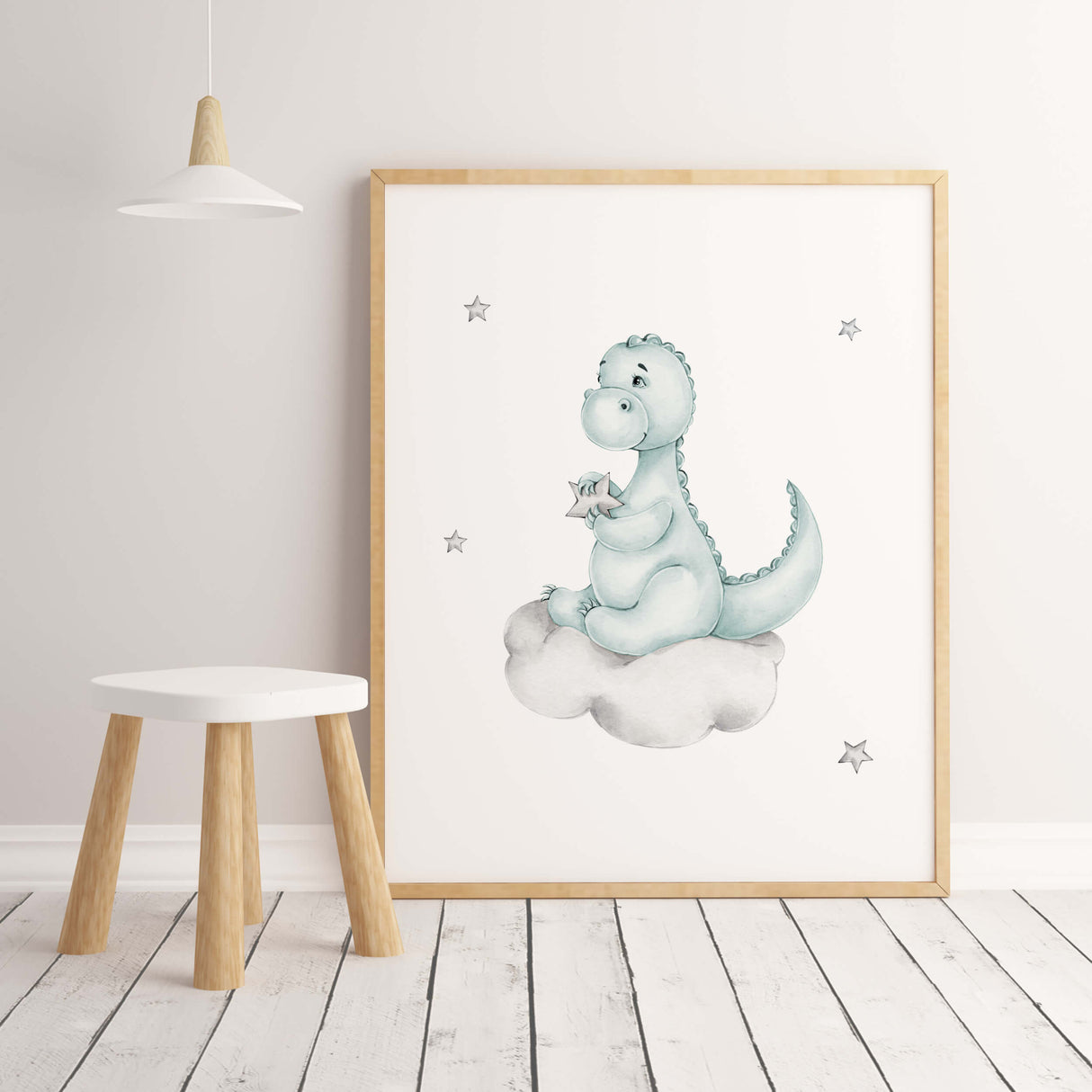 Watercolor dinosaur on the cloud  in mint and gray colors print for toddler room decor, baby boys room decor.