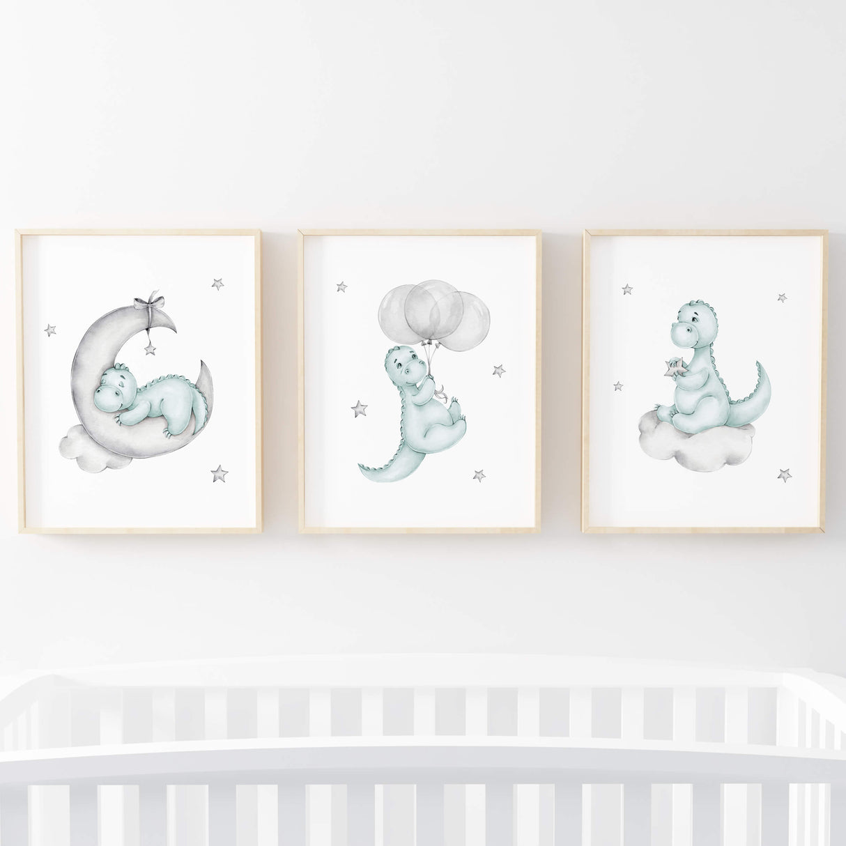 Baby Dinosaur Nursery Prints - Mint - Gray - Set of 3