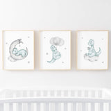 Baby Dinosaur Nursery Prints - Mint - Gray - Set of 3