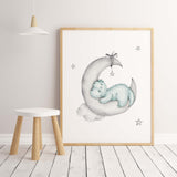 Watercolor dinosaur on the moon in mint and gray colors print for toddler room decor, baby boys room decor.