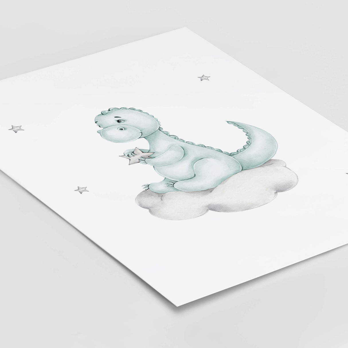 Watercolor dinosaur on the cloud in mint and gray colors print for toddler room decor, baby boys room decor.