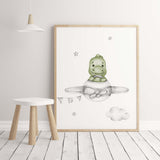 Watercolor dinosaur with airplane print in green and gray colors for toddler room decor, baby boys room decor.