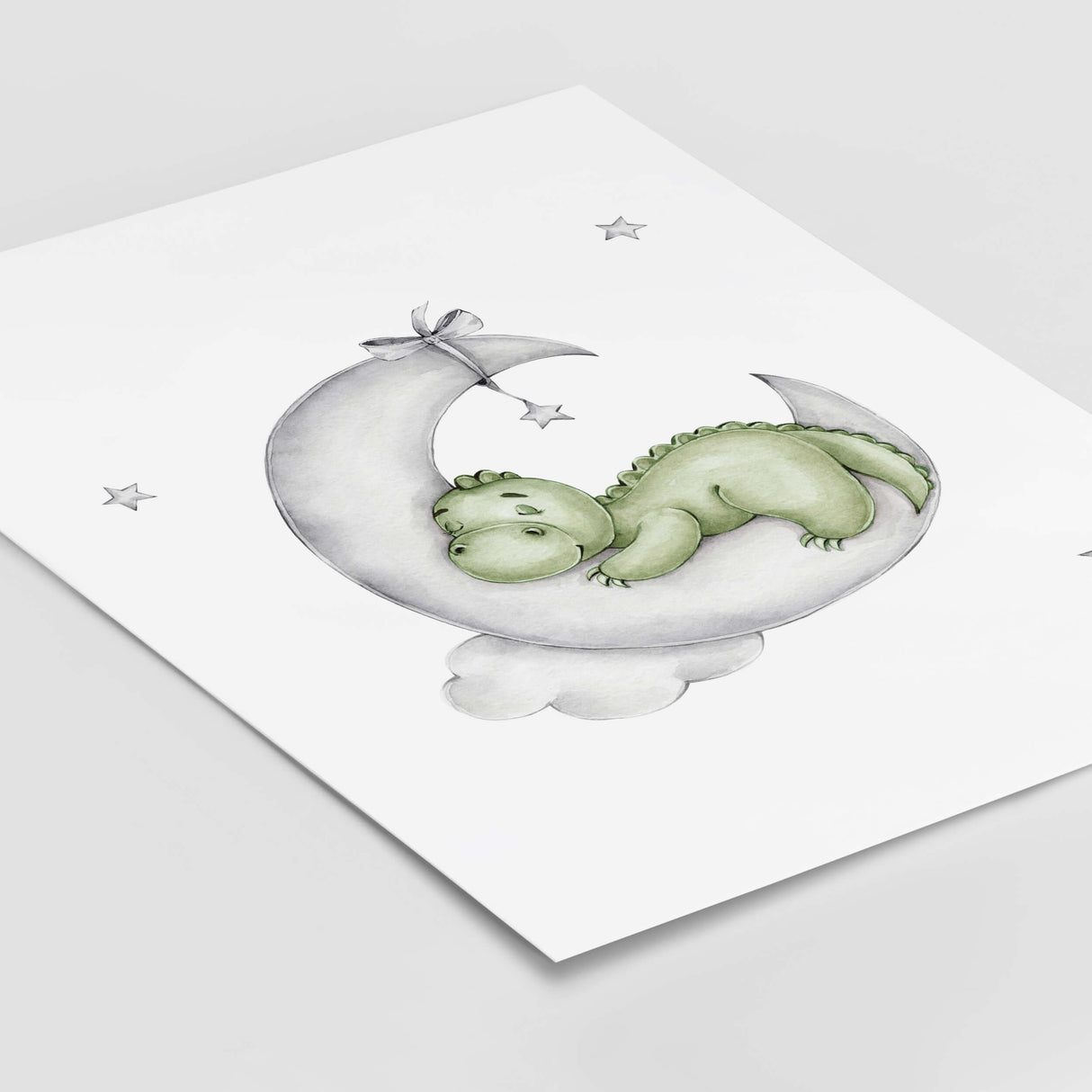 Watercolor dinosaur on the moon print in green and gray colors for toddler room decor, baby boys room decor.