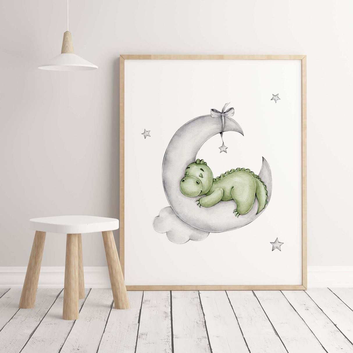 Watercolor dinosaur on the moon printable in green and gray colors for toddler room decor, baby boys room decor.