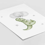 Watercolor dinosaur with balloon print in green and gray colors for toddler room decor, baby boys room decor.